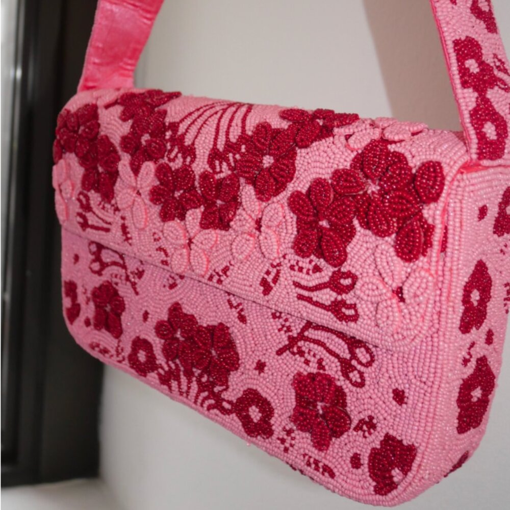 Beaded Shoulder Bag | Pink Flower Purse | Floral Purse | Beaded Pink Floral Bag